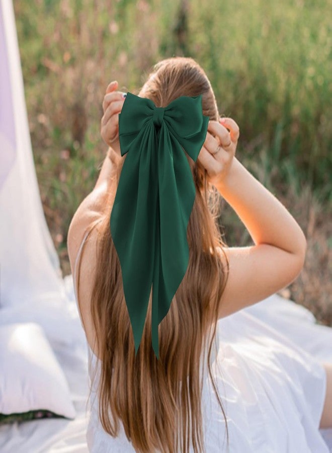 SuPoo 4pcs Small Hair Bow Clips for Women Girls Green Silky Satin Hair Ribbon Large Bows for Hair Different Sizes Bowknot Alligator Clips Hair Bow Barrettes Oversized Long-tail Aesthetic Hair Accessories - Image 2